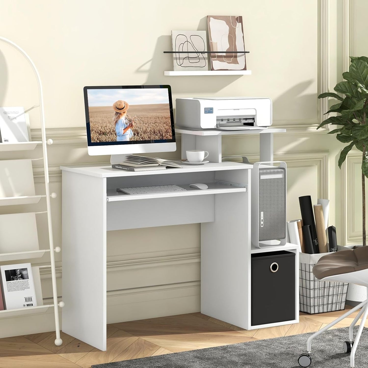 Space-Saving Computer Desk with Drawer and Storage Shelves