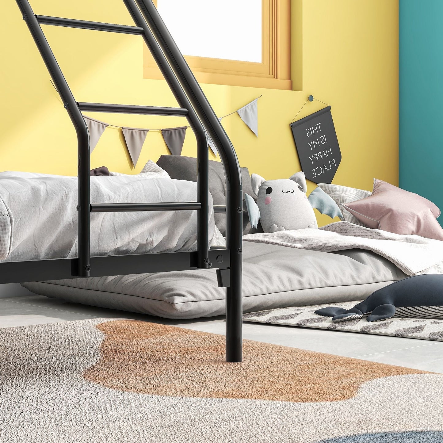 Twin Over Full Metal Bunk Bed with Integrated Ladder, Black | Just Better Bunk Beds