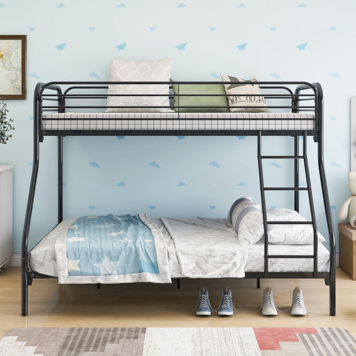Twin Over Full Metal Bunk Bed with Integrated Ladder, Black | Just Better Bunk Beds