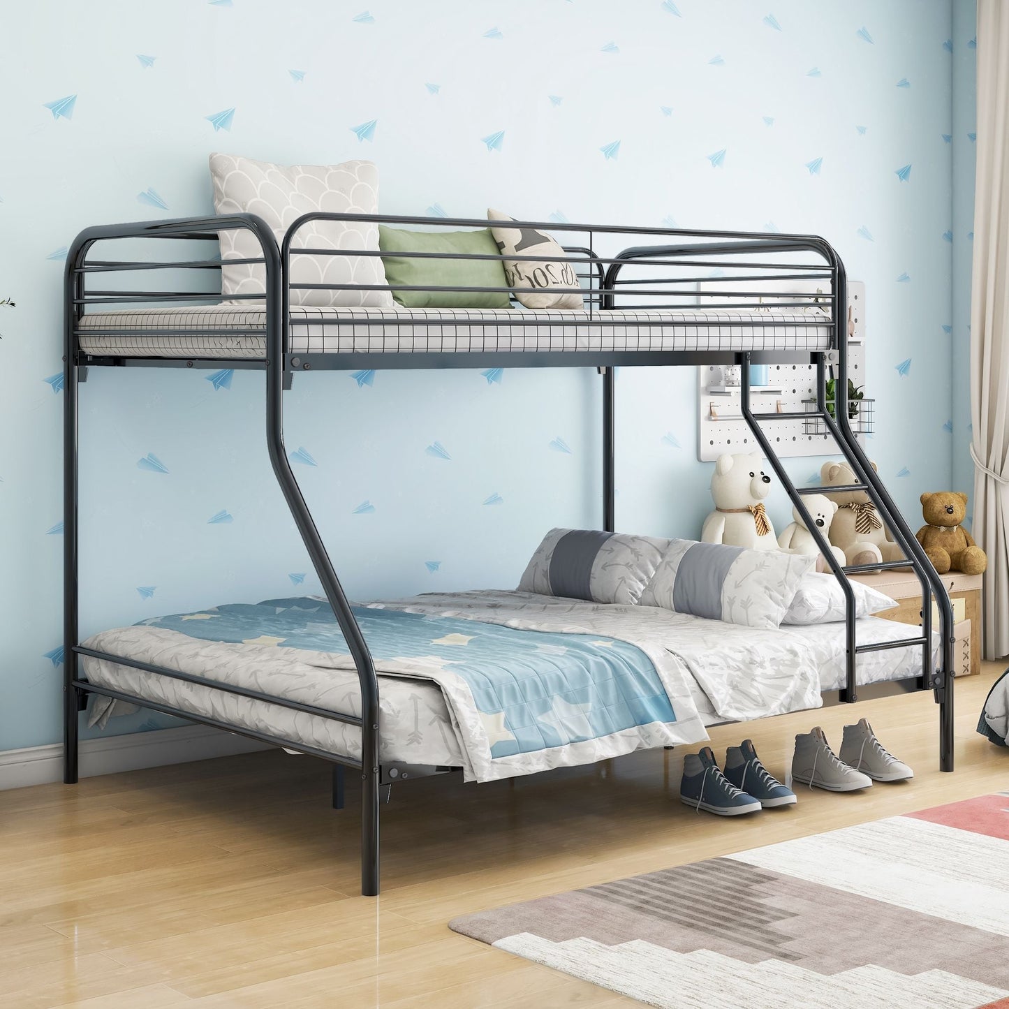 Twin Over Full Metal Bunk Bed with Integrated Ladder, Black | Just Better Bunk Beds