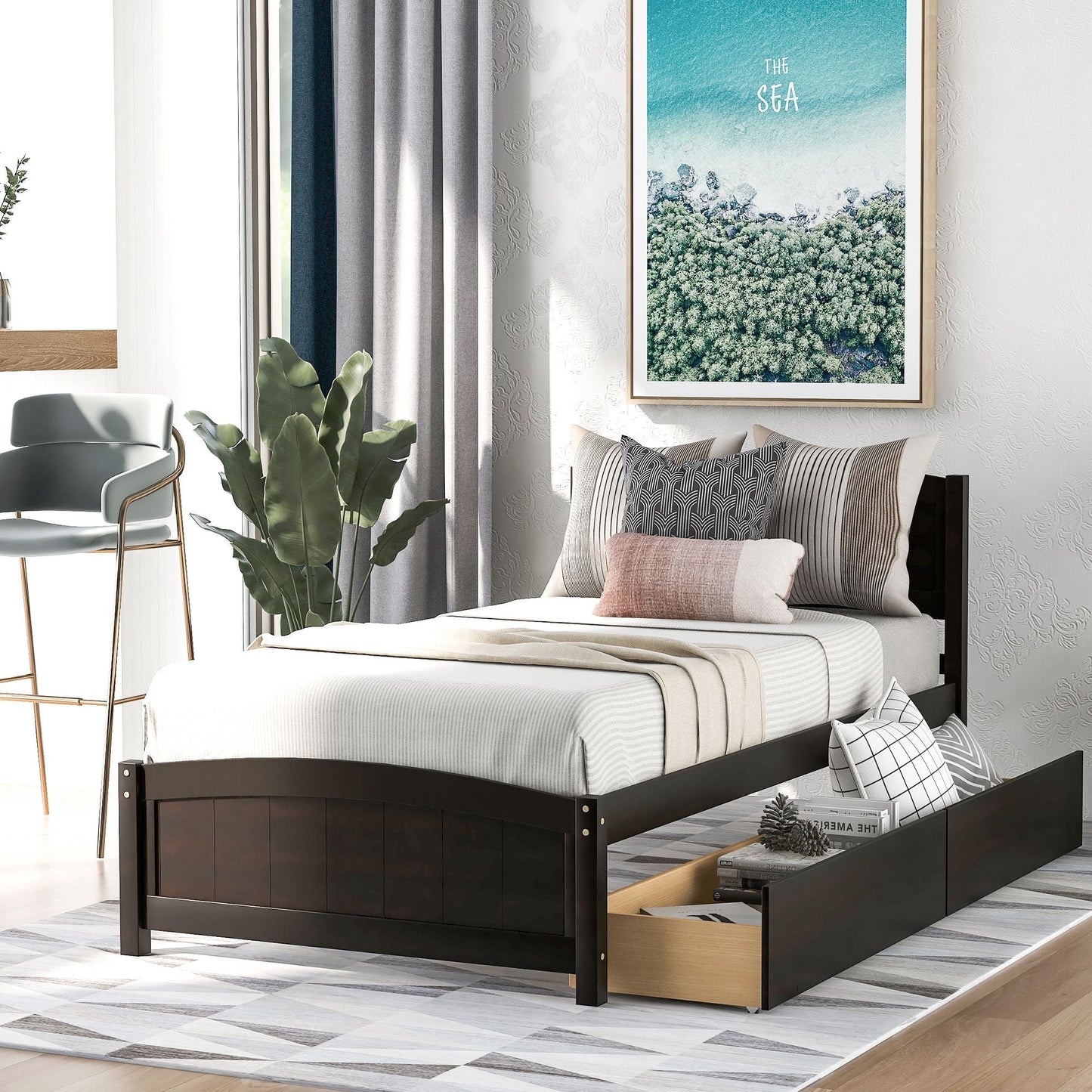 Space-Saving Twin Wood Platform Bed with Two Storage Drawers, White, Espresso, or Gray | Just Better Bunk Beds