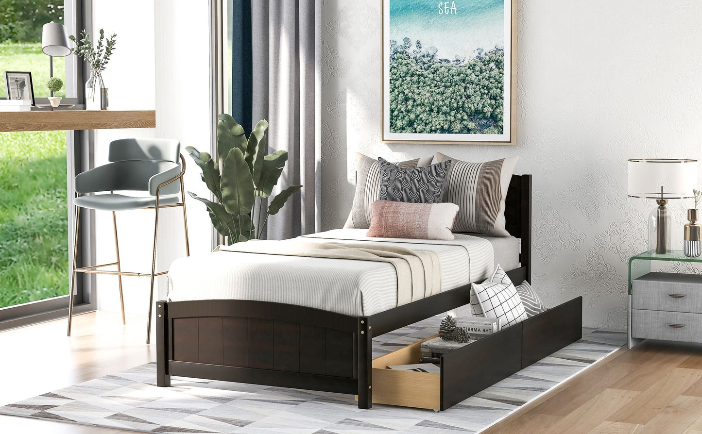 Space-Saving Twin Wood Platform Bed with Two Storage Drawers, White, Espresso, or Gray | Just Better Bunk Beds