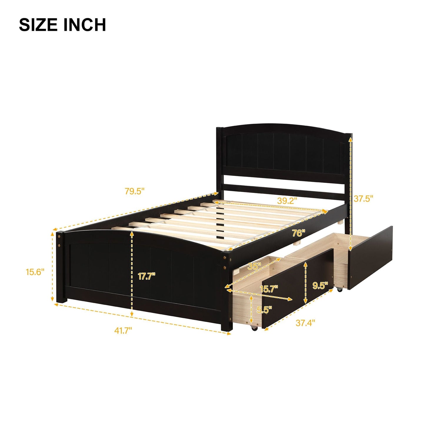 Space-Saving Twin Wood Platform Bed with Two Storage Drawers, White, Espresso, or Gray | Just Better Bunk Beds