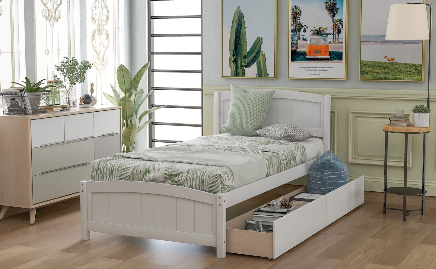Space-Saving Twin Wood Platform Bed with Two Storage Drawers, White, Espresso, or Gray | Just Better Bunk Beds