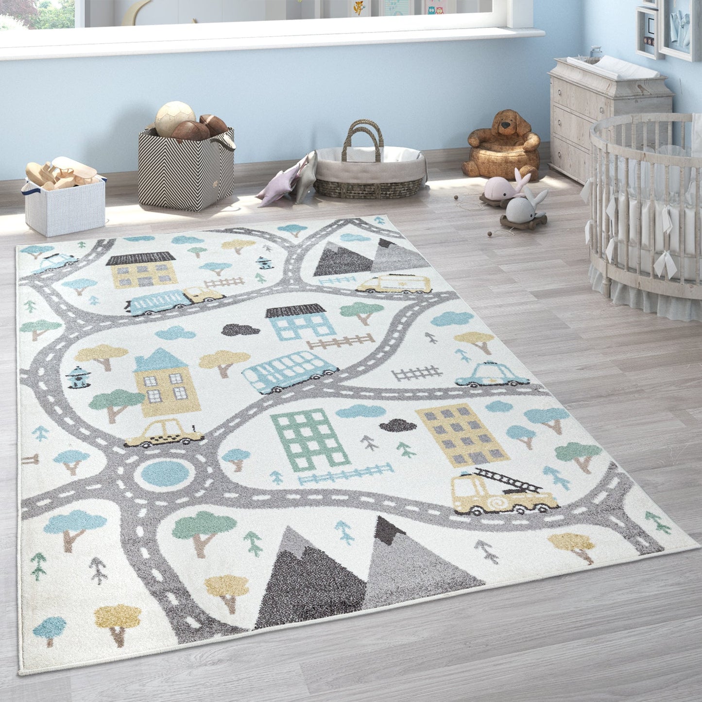 Nursery Rug Nino with Town Streets and Cars Motif in Pastel Colors