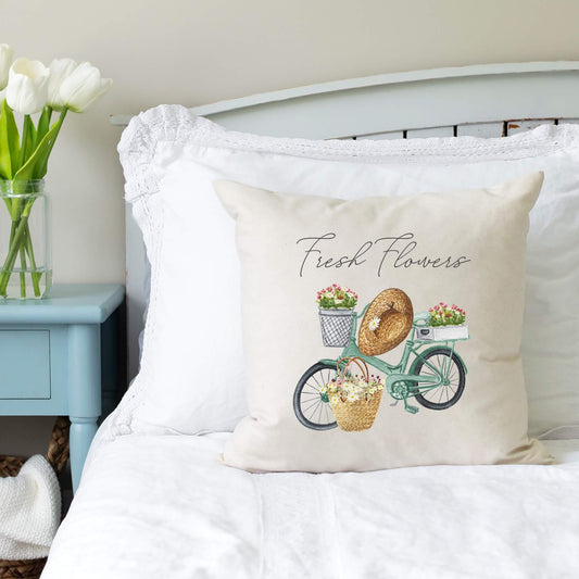 Fresh Flower Bike Pillow Cover 18x18 inch featuring a bicycle with flower baskets on a couch.