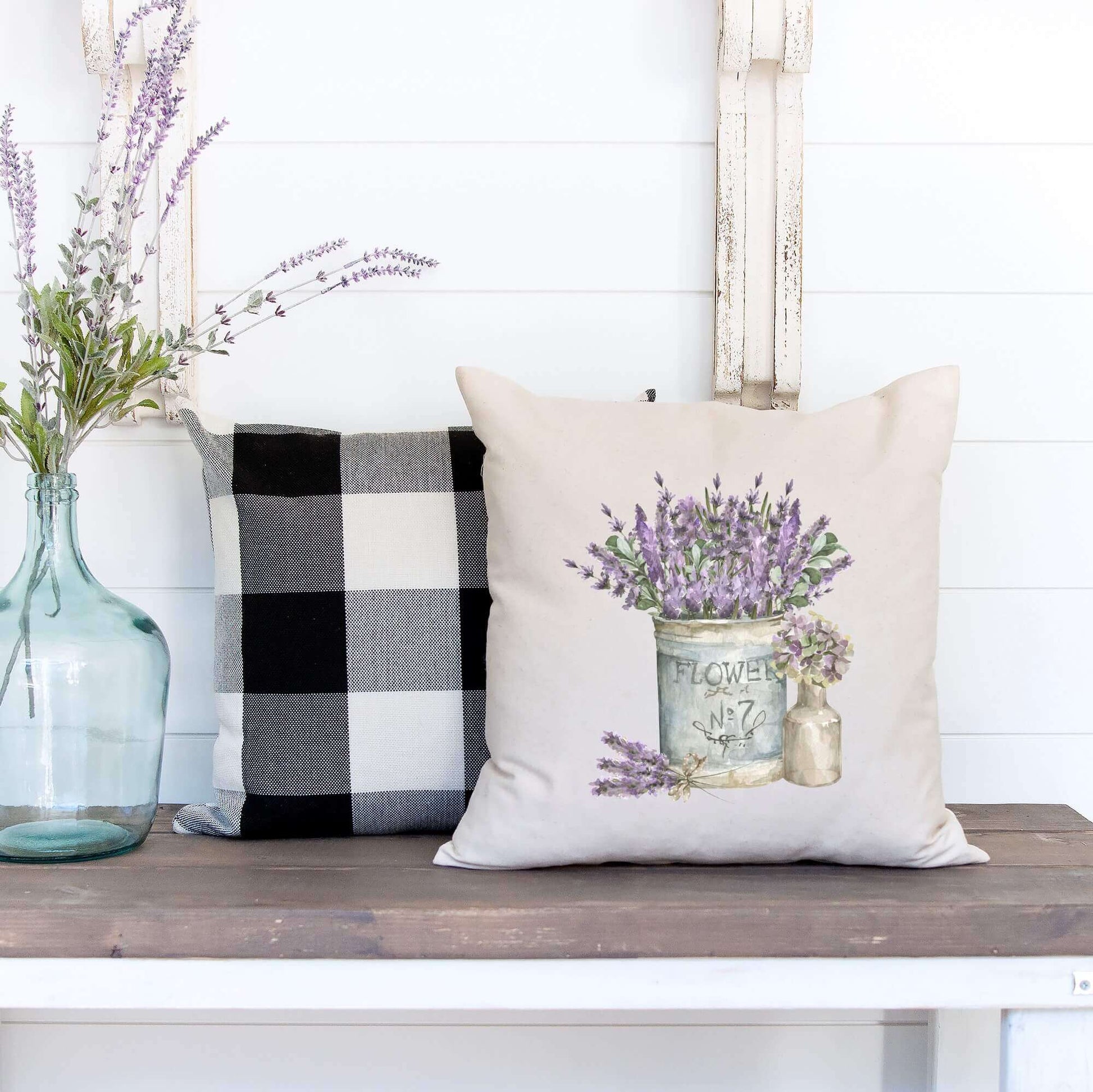 Spring Lavender Bucket Pillow Cover 18x18 inch featuring lavender design on natural oatmeal background