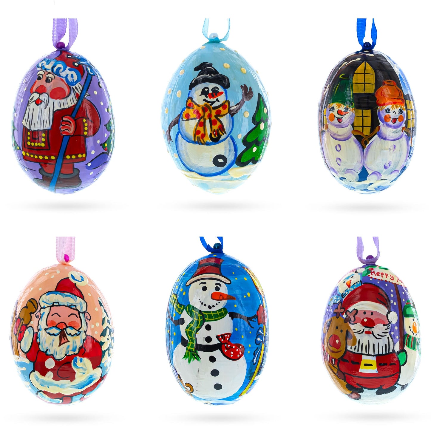 Set of 6 Santa and Snowmen Wooden Christmas Ornaments 3 Inches