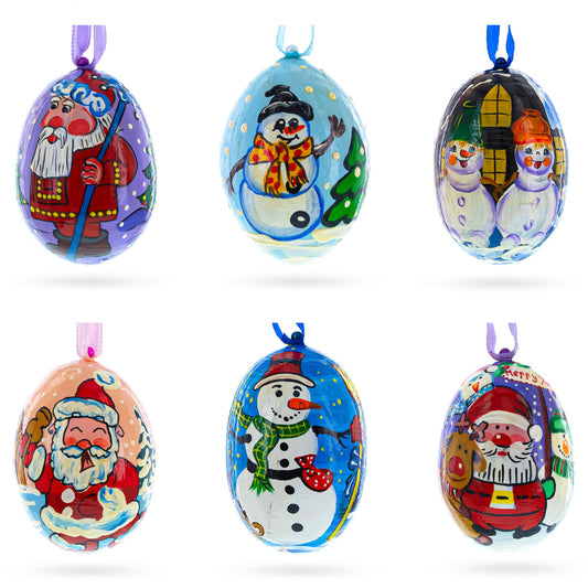 Set of 6 Santa and Snowmen Wooden Christmas Ornaments 3 Inches