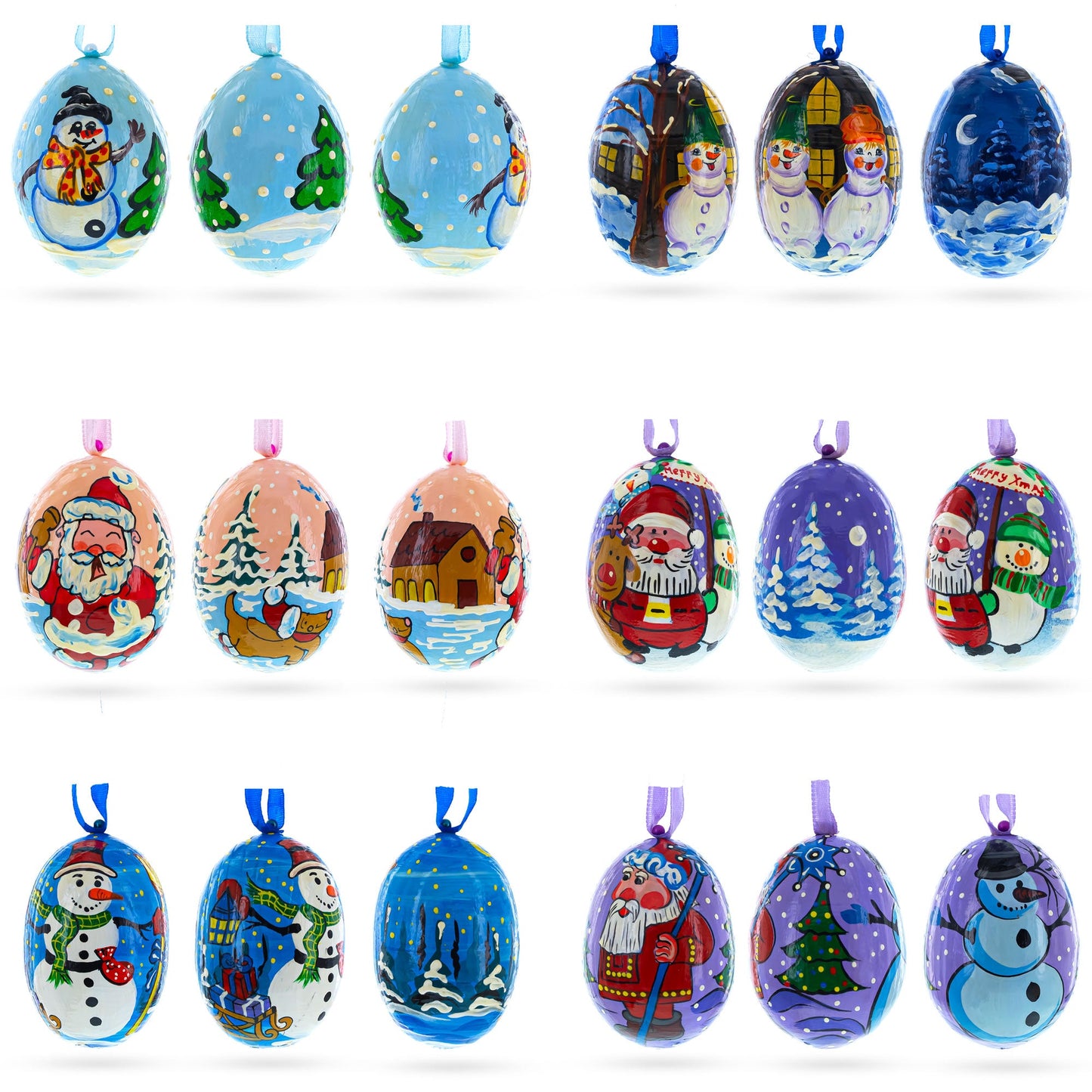 Set of 6 Santa and Snowmen Wooden Christmas Ornaments 3 Inches