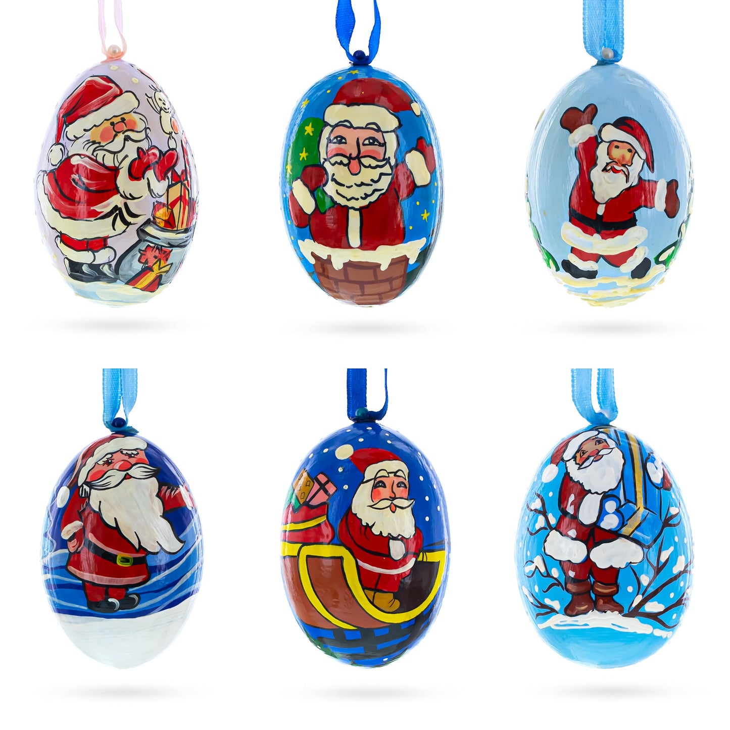 Set of 6 Santa Claus Wooden Christmas Ornaments 3 Inches