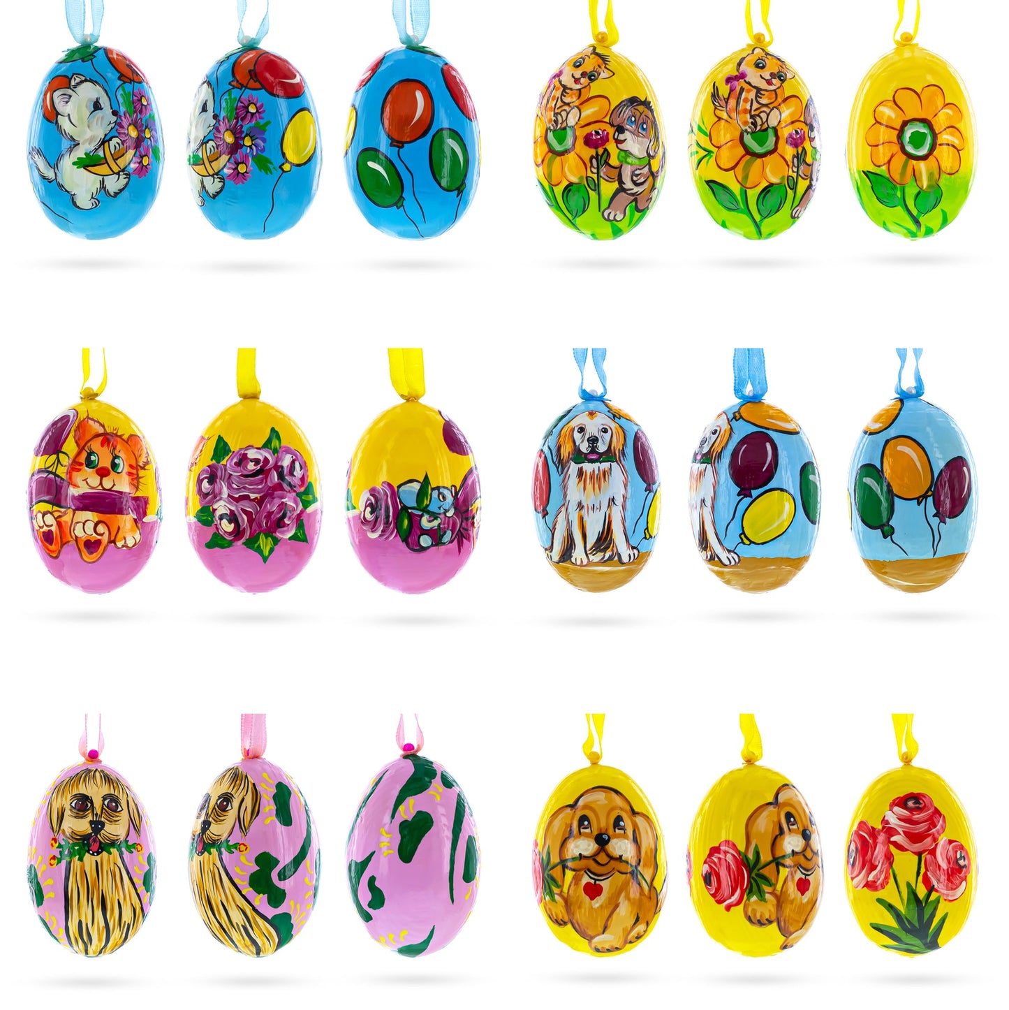 Set of 6- Cats and Dogs Wooden Easter Wooden Christmas Ornaments3 Inches