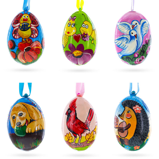 Set of 6- Dog, Birds, Hedgehog, Doves Wooden Christmas Ornaments 3 Inches