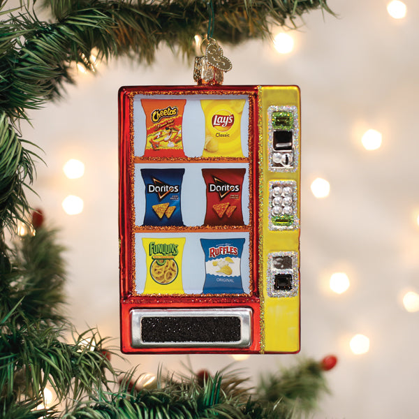 Frito Lay Vending Machine Glass Ornament featuring Cheetos, Doritos, and Ruffles snacks on a festive ornament.