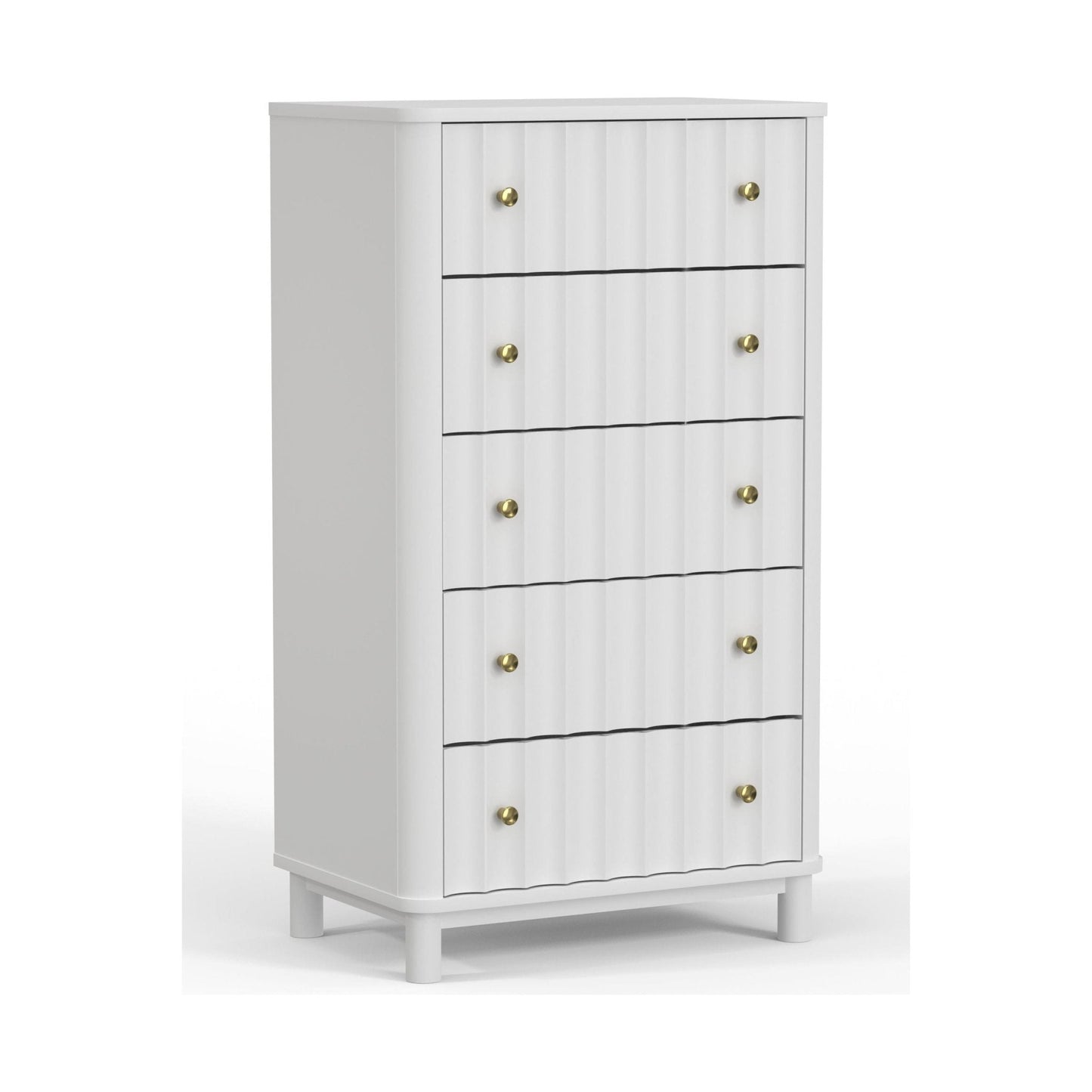 Stapleton Five Drawer Chest in white with five spacious drawers and gold knobs, perfect for bedroom storage.