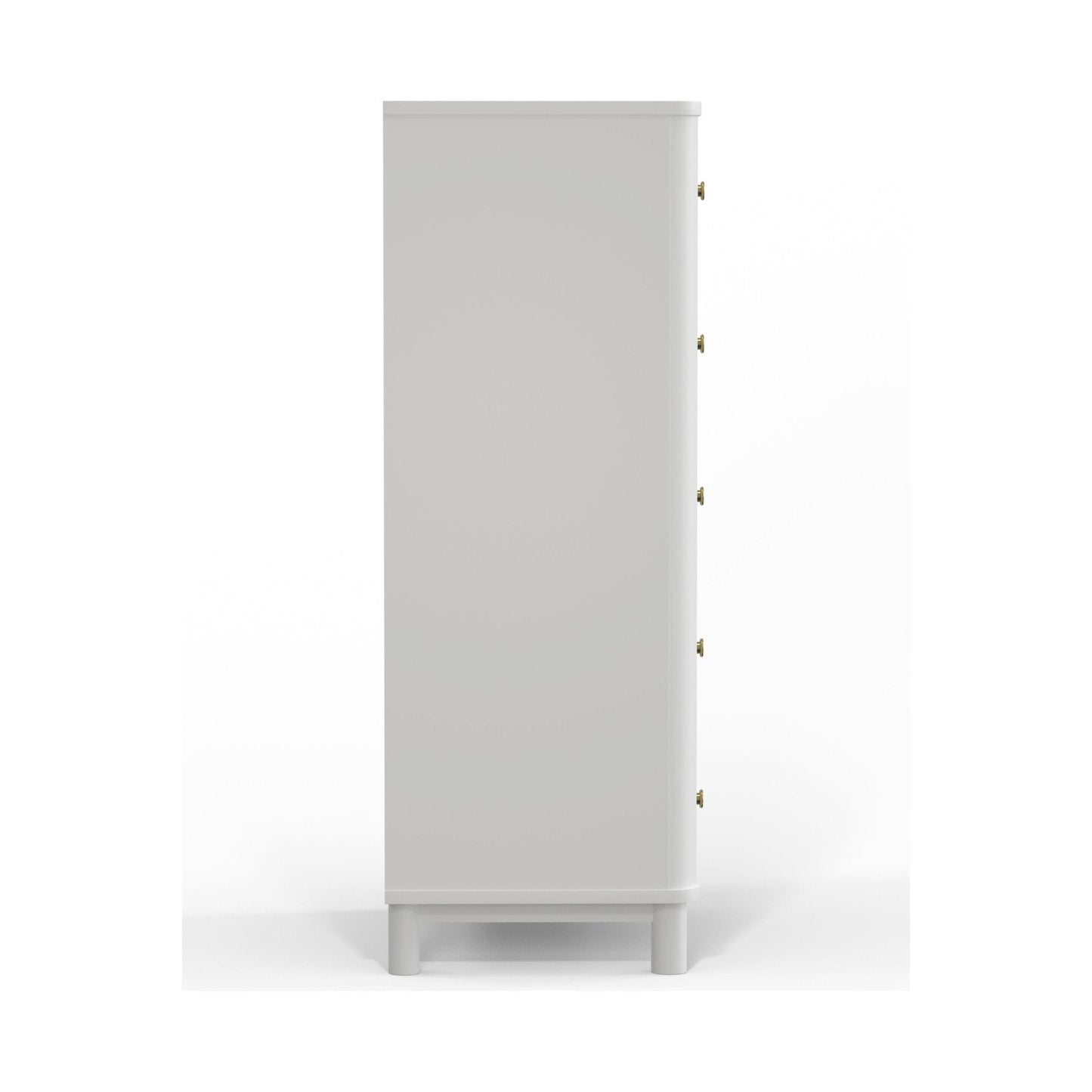 Side view of the Stapleton Five Drawer Chest in white, showcasing its sleek design and five spacious drawers.
