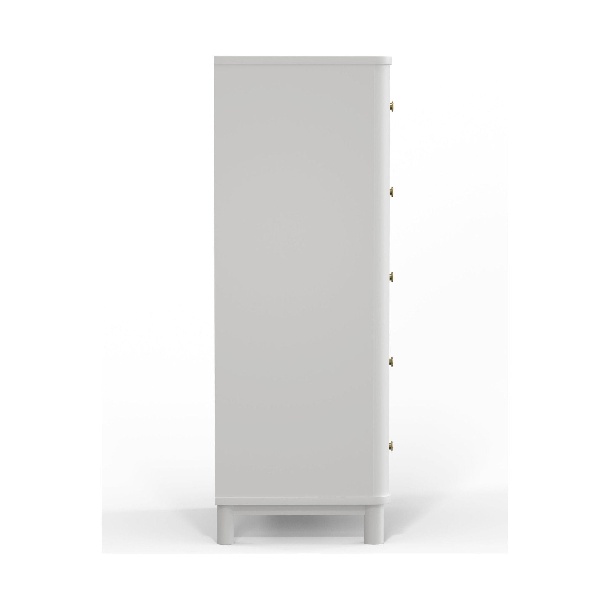 Side view of the Stapleton Five Drawer Chest in white, showcasing its sleek design and five spacious drawers.