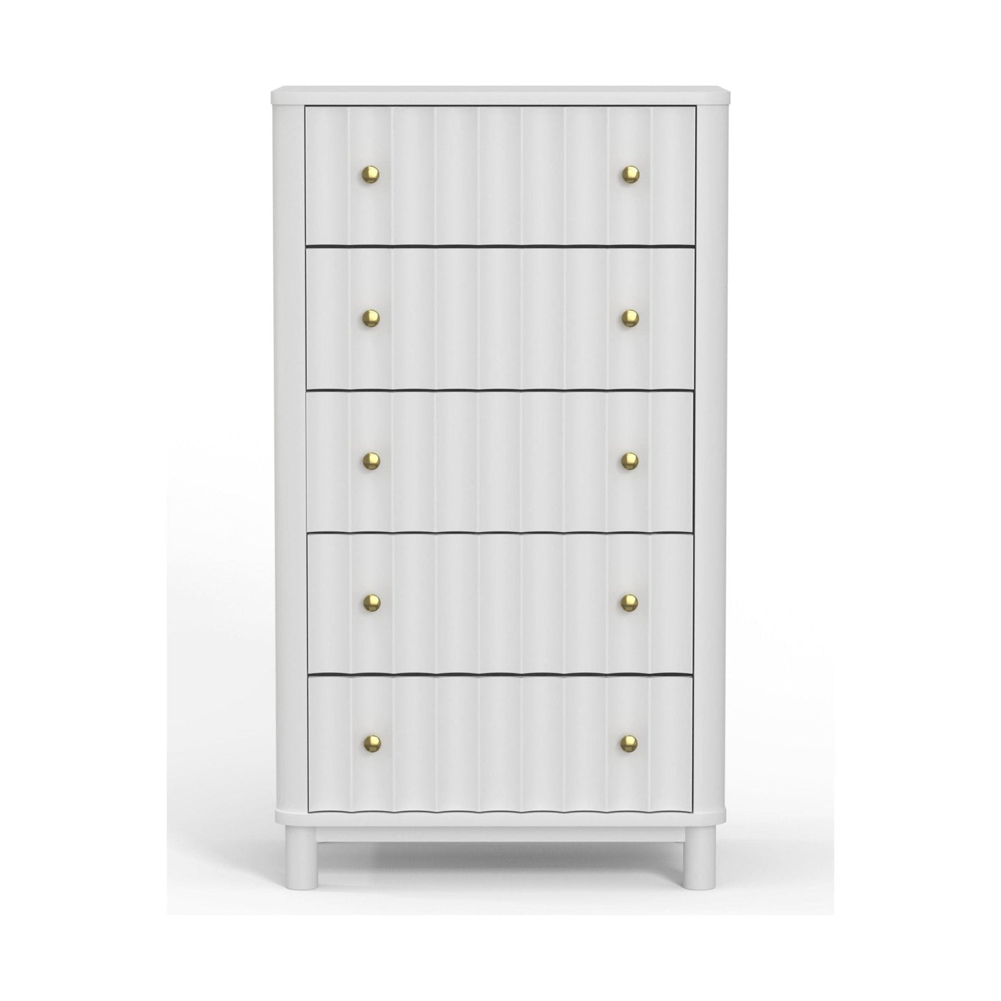 Stylish Stapleton Five Drawer Chest in white with five spacious drawers and gold knobs for elegant bedroom storage.