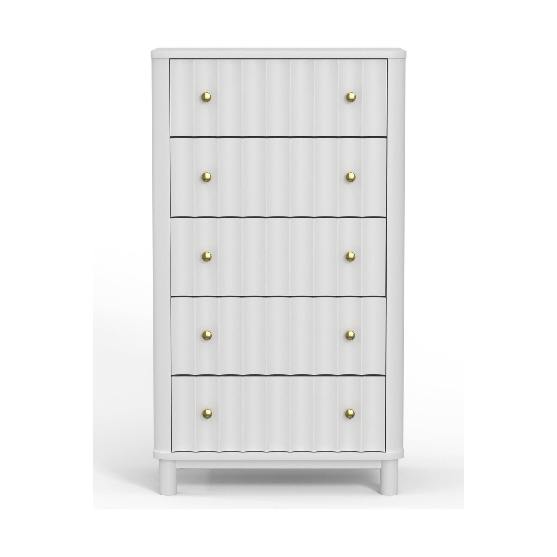 Stylish Stapleton Five Drawer Chest in white with five spacious drawers and gold knobs for elegant bedroom storage.