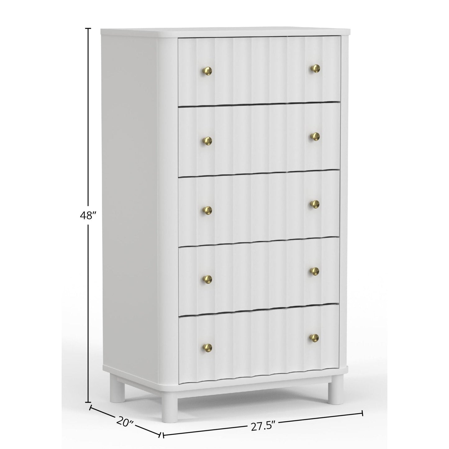 Stapleton Five Drawer Chest in white, showcasing five drawers, handcrafted design, and measurements of 48x20x27.5 inches.