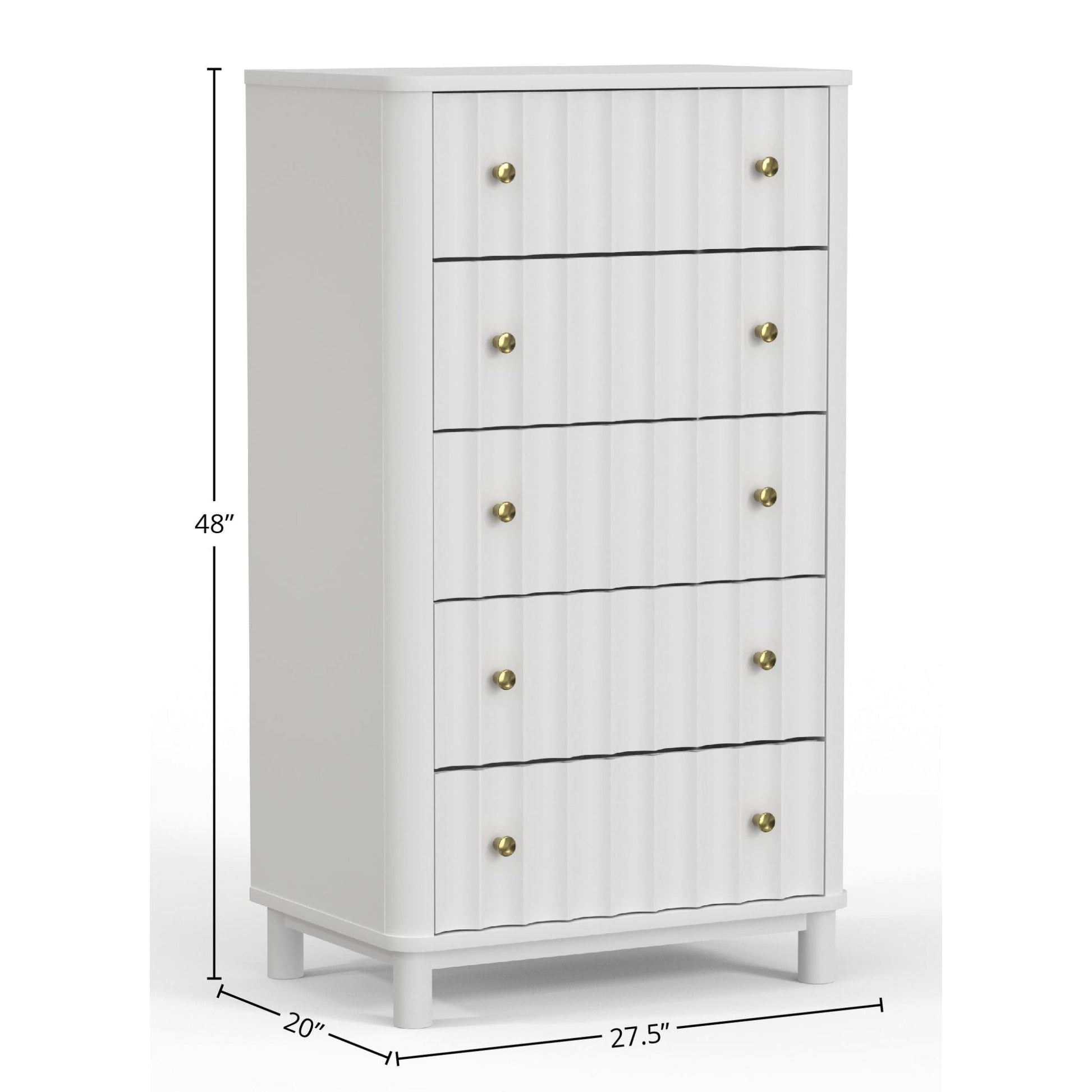 Stapleton Five Drawer Chest in white, showcasing five drawers, handcrafted design, and measurements of 48x20x27.5 inches.