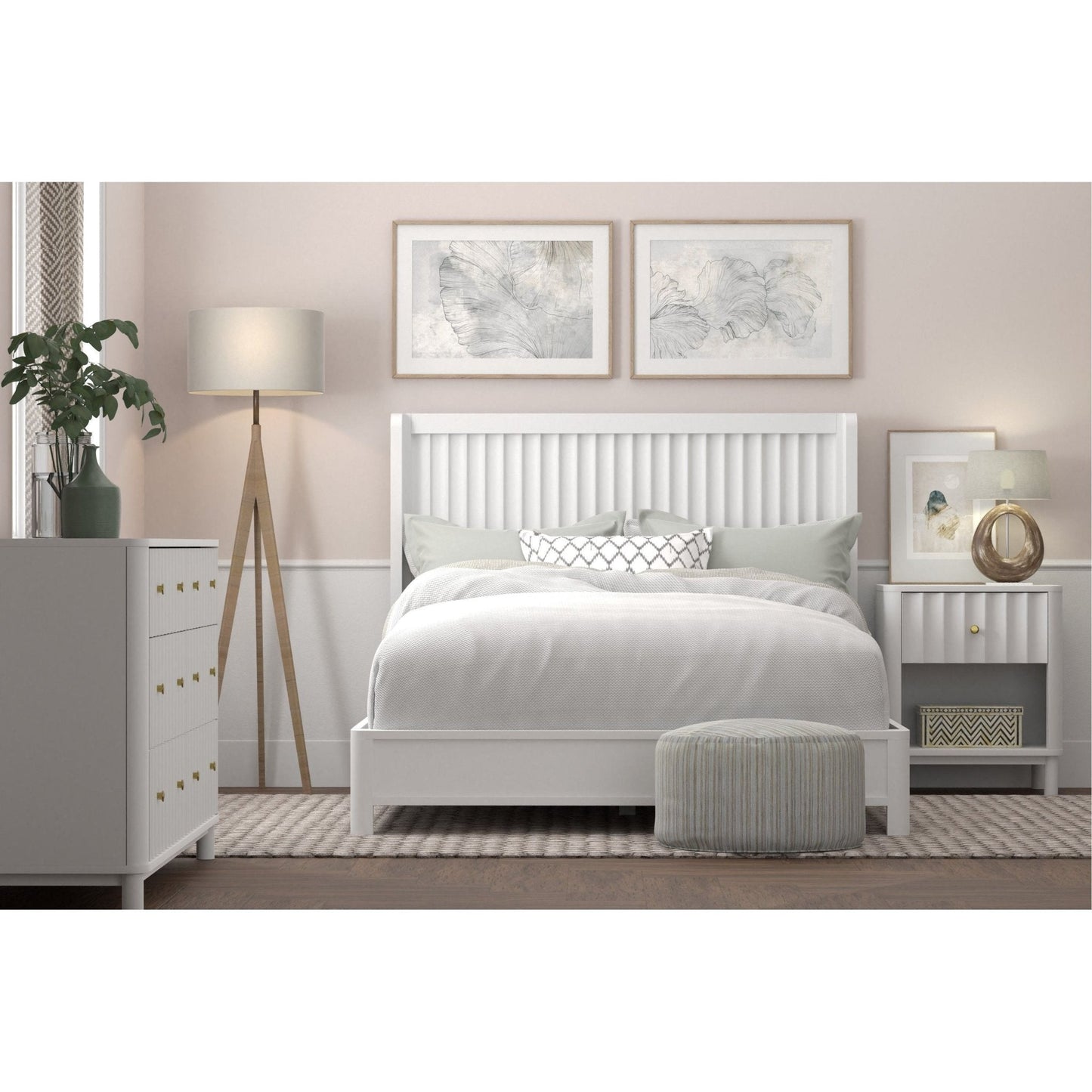 Stylish bedroom featuring the Stapleton Panel Bed in white finish with elegant décor and cozy bedding.