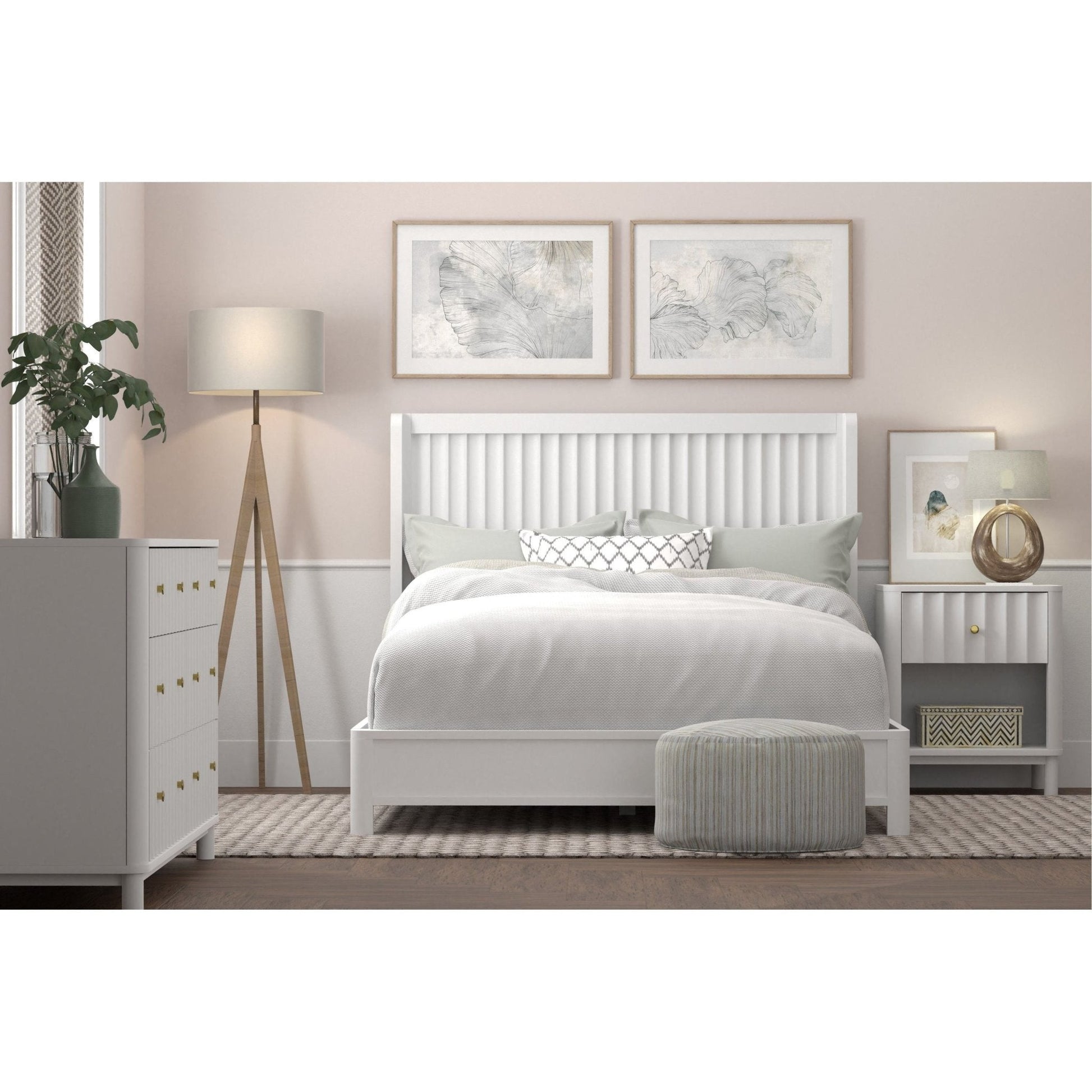 Stylish bedroom featuring the Stapleton Panel Bed in white finish with elegant décor and cozy bedding.
