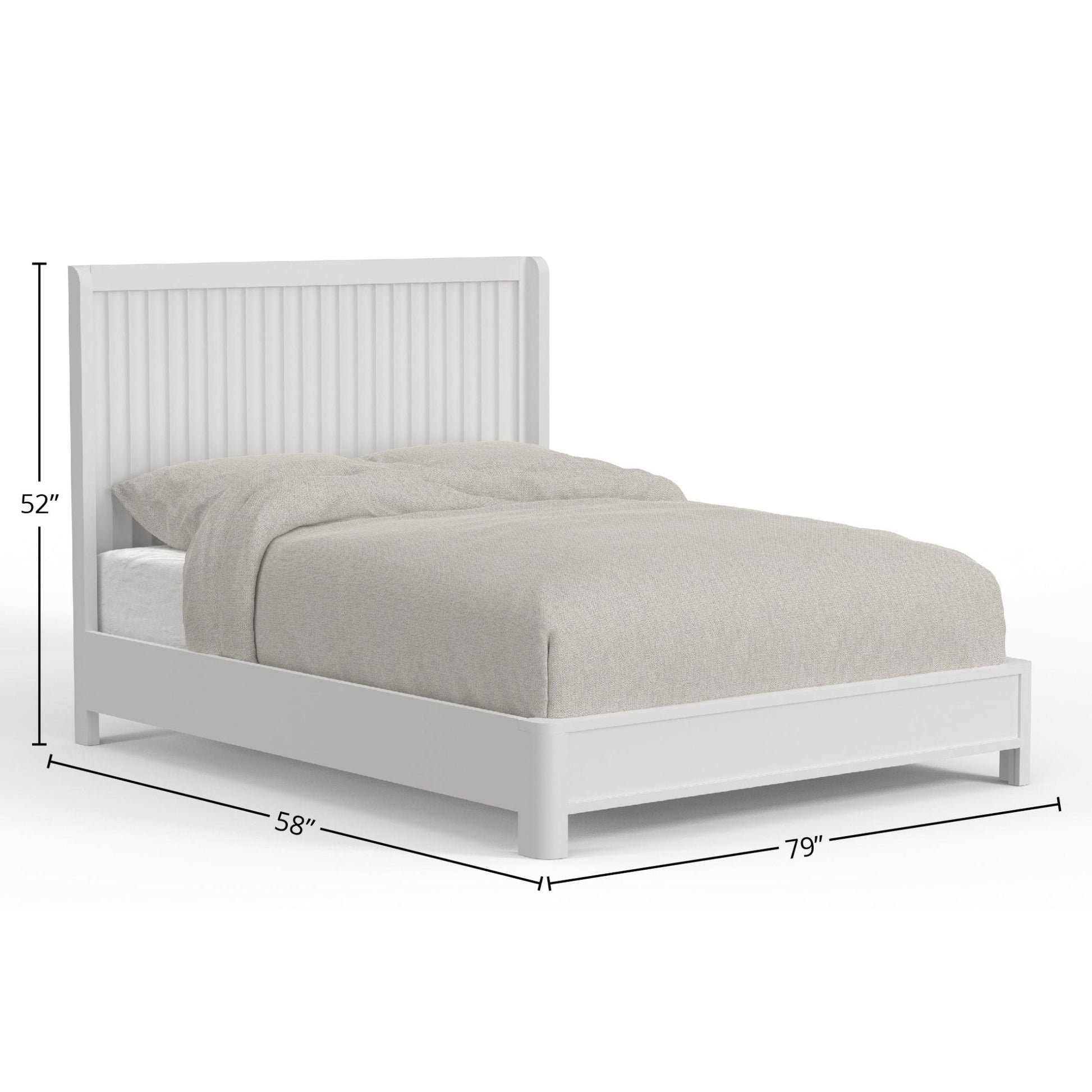 Stapleton Panel Bed with a white finish, showcasing a sturdy design and dimensions: 52"H x 58"W x 79"L.
