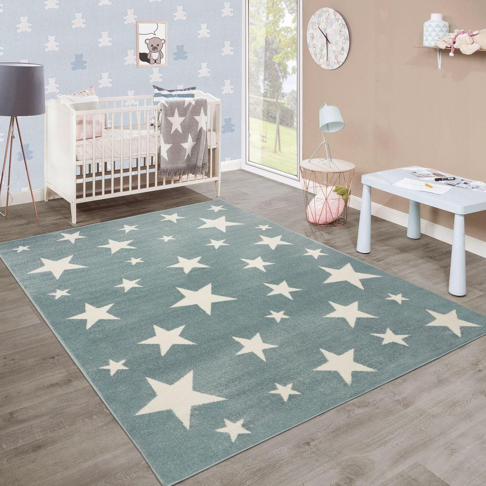 Stars Rug Kids for Nursery in Green White Pastel Colors