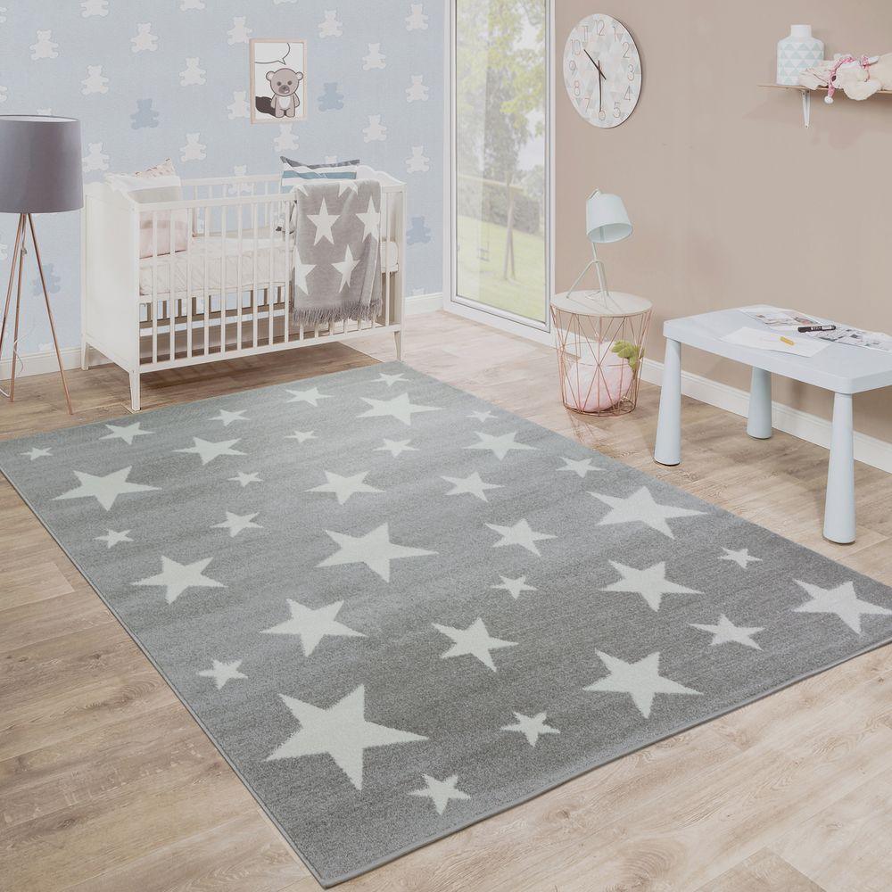 Stars Rug Kids for Nursery In Grey White Pastel Colors