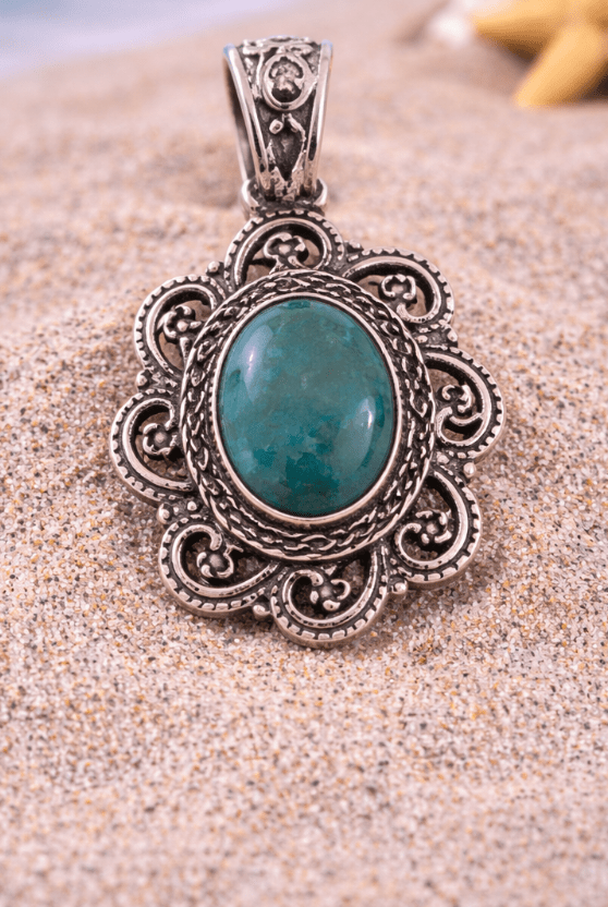 Sterling Silver Turquoise Oval Floral Pendant – Coastal Statement Jewelry
