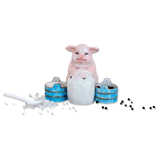 Vintage-Inspired Stoneware Pig Mustard Pot with 3 Sections & Spoon