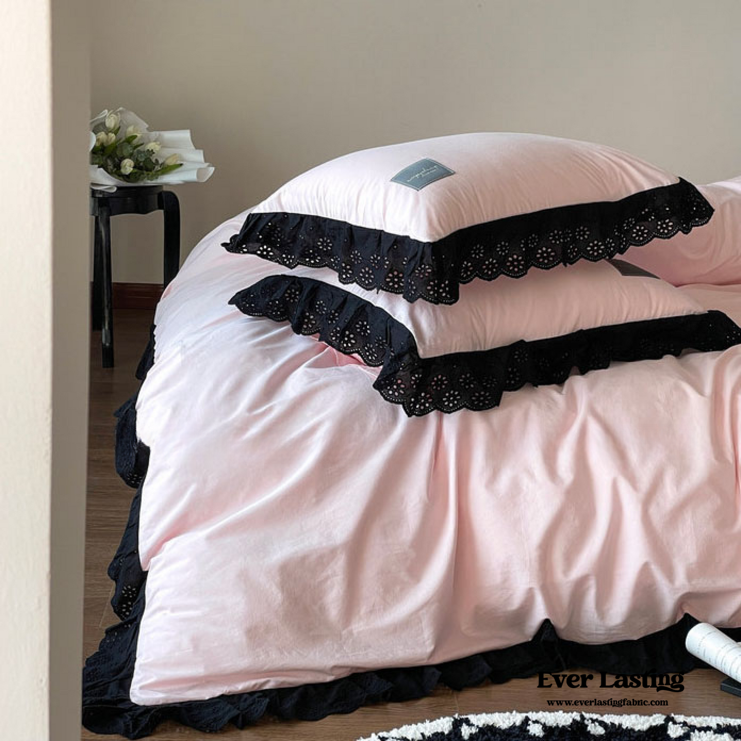 Strawberry Black Lace Ruffle Bedding Set