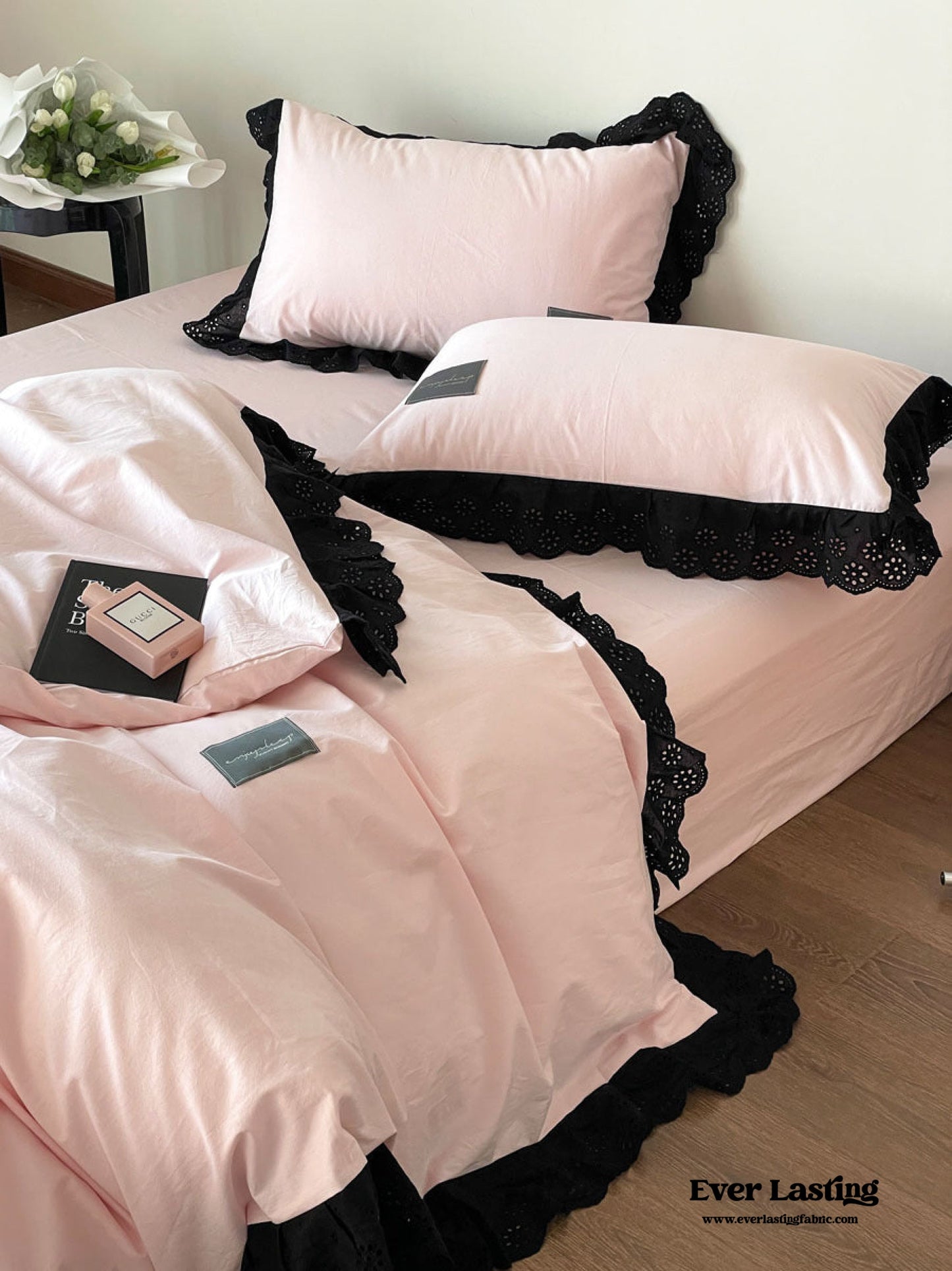 Strawberry Black Lace Ruffle Bedding Set