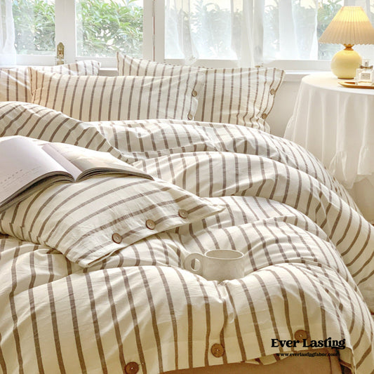 Stripe Buttoned Bedding Set / Beige Brown