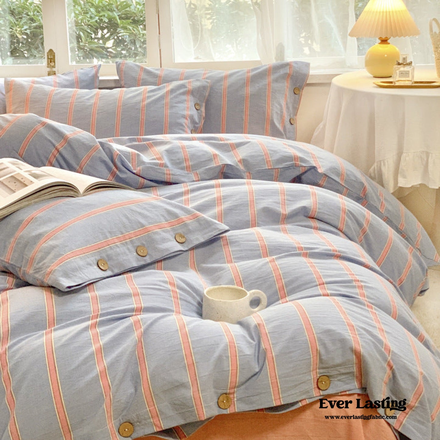 Stripe Buttoned Bedding Set / Mint Pink