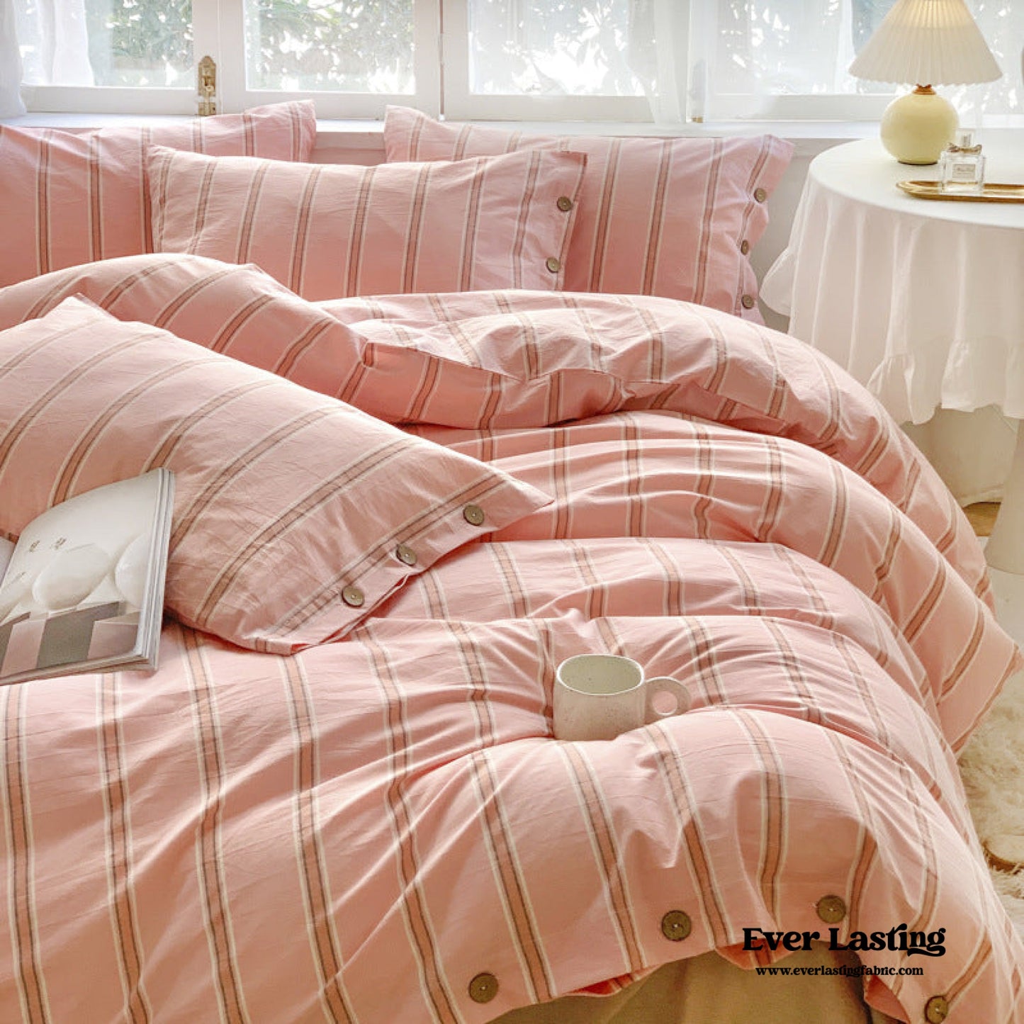 Stripe Buttoned Bedding Set / Mint Pink
