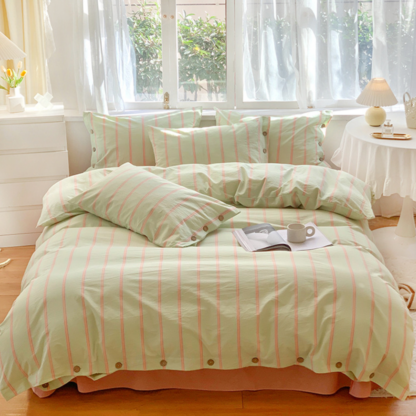 Stripe Buttoned Bedding Set / Mint Pink