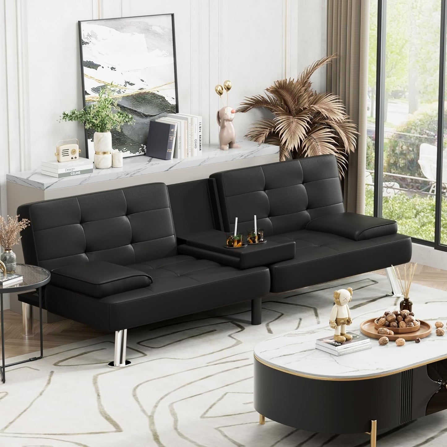 Black Leather Futon Sofa Bed With Adjustable Armrests And Cup Holders