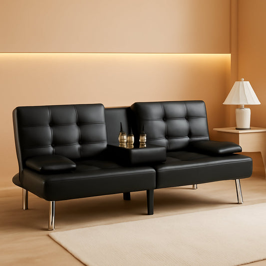 Black Leather Futon Sofa Bed With Adjustable Armrests And Cup Holders