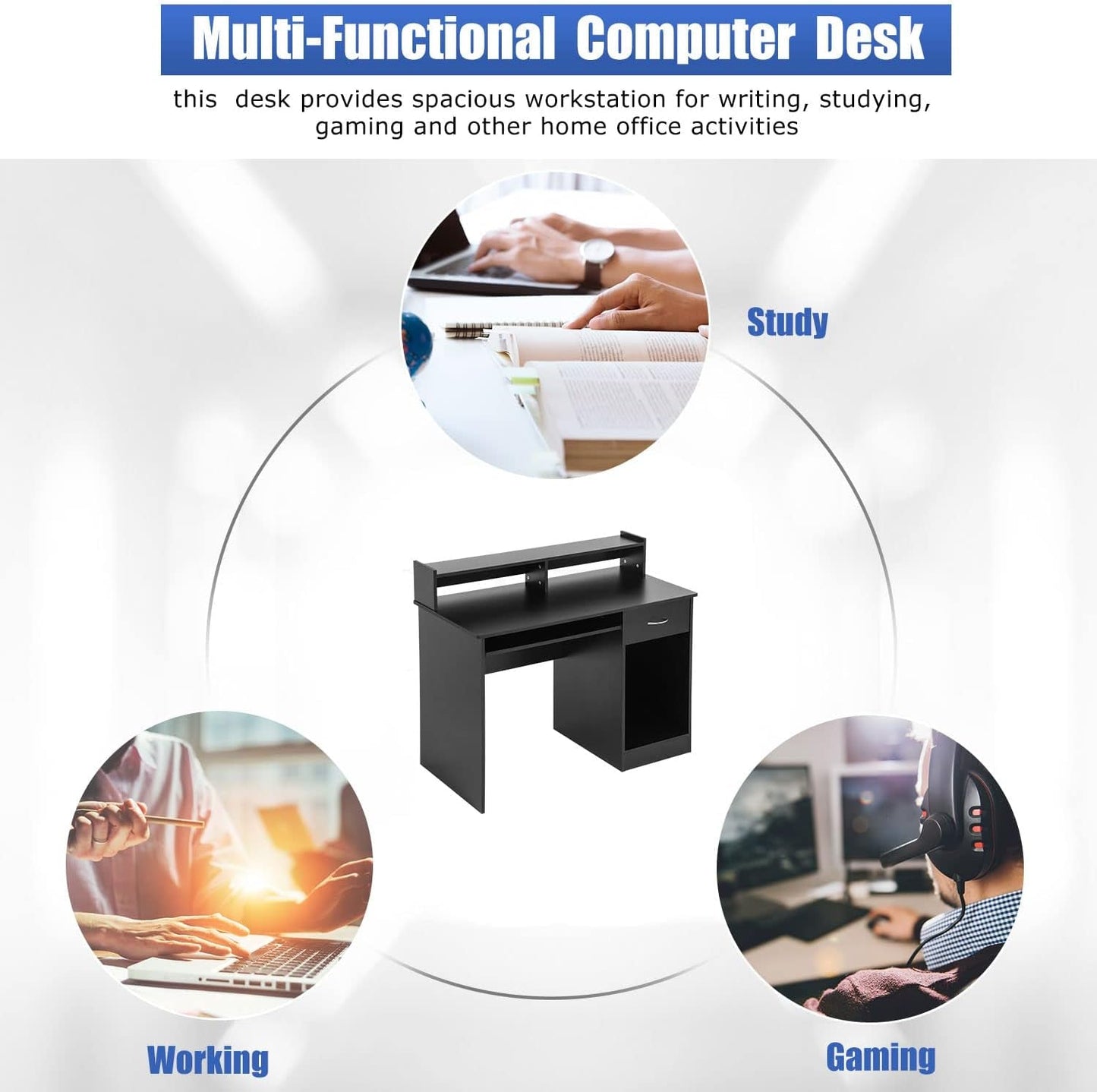 Stylish Office Desk with Drawers and Keyboard Tray