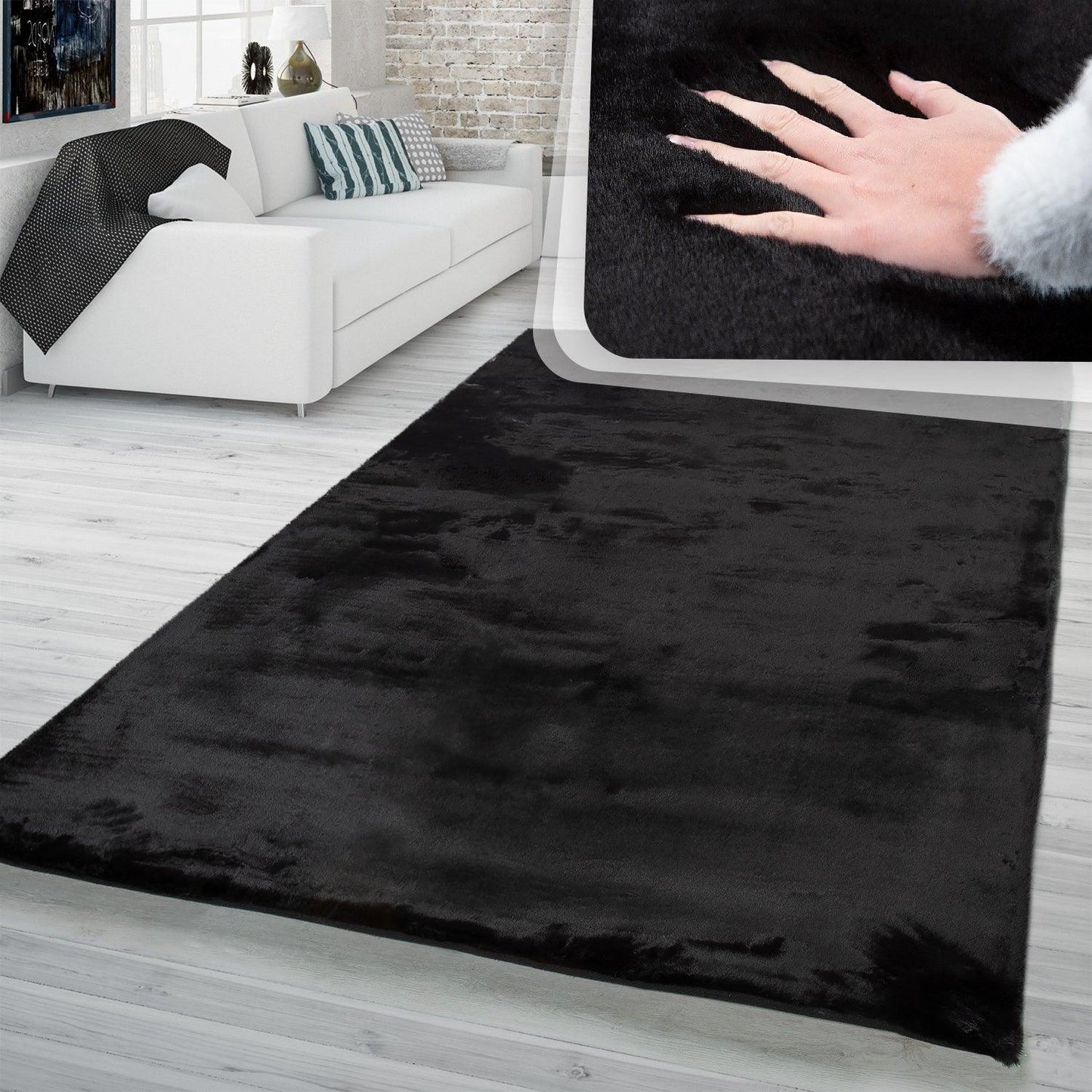 Super Soft Area Rug Fluffy High Pile Cosy Luxurious Touch in Solid Black