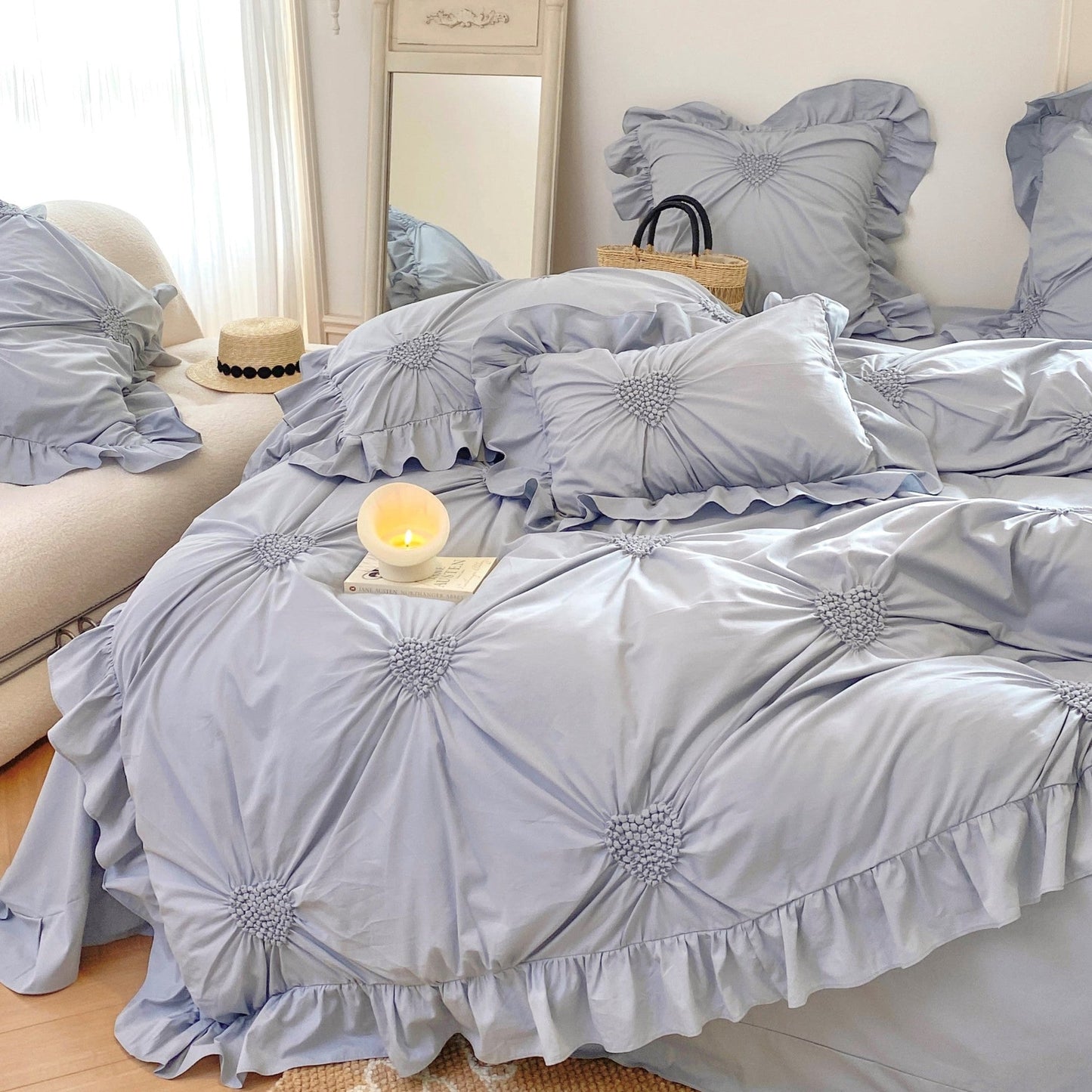 Sweet Heart Embroidered Ruffle Bedding Set / Blue
