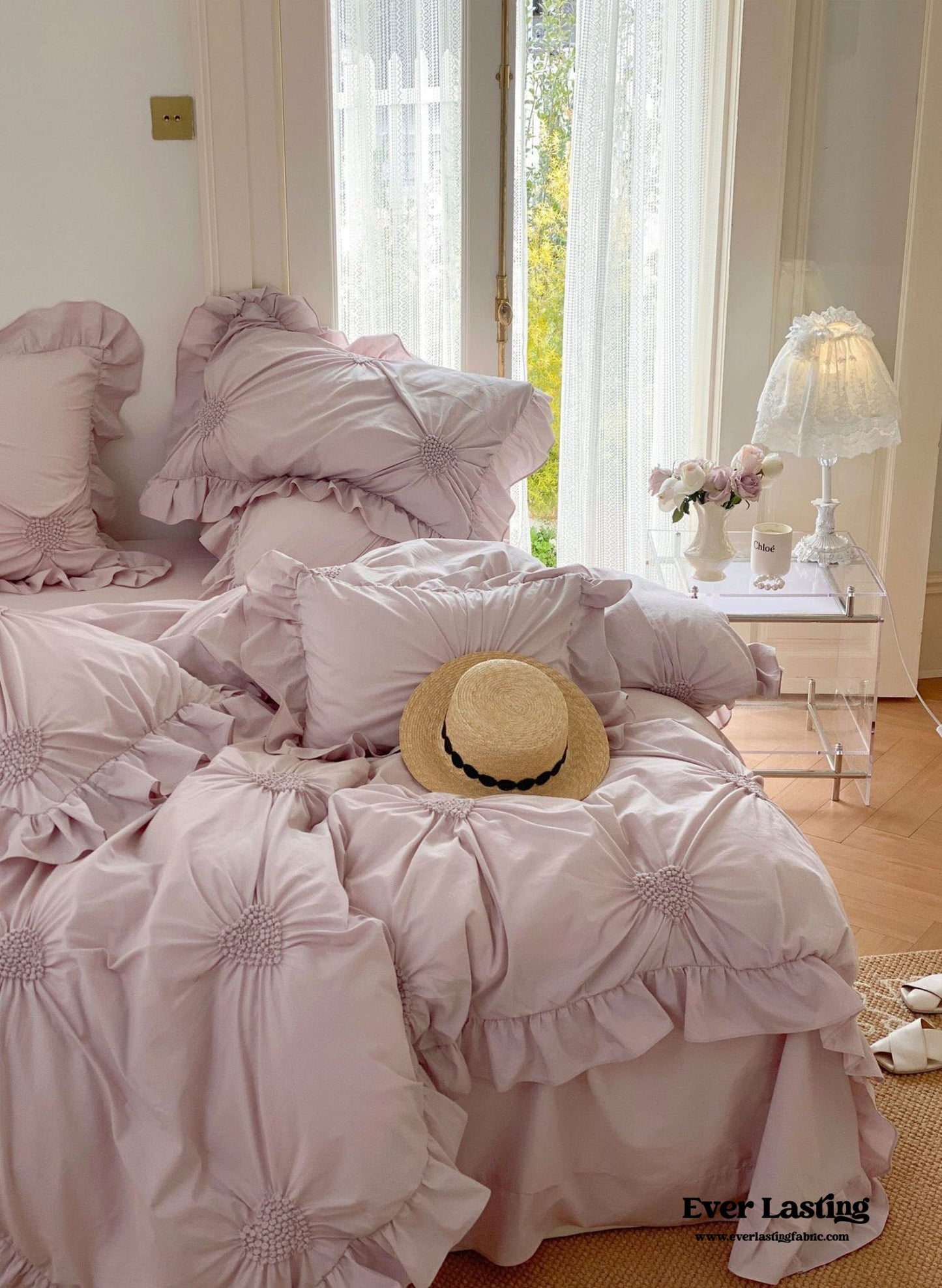 Sweet Heart Embroidered Ruffle Bedding Set / Purple