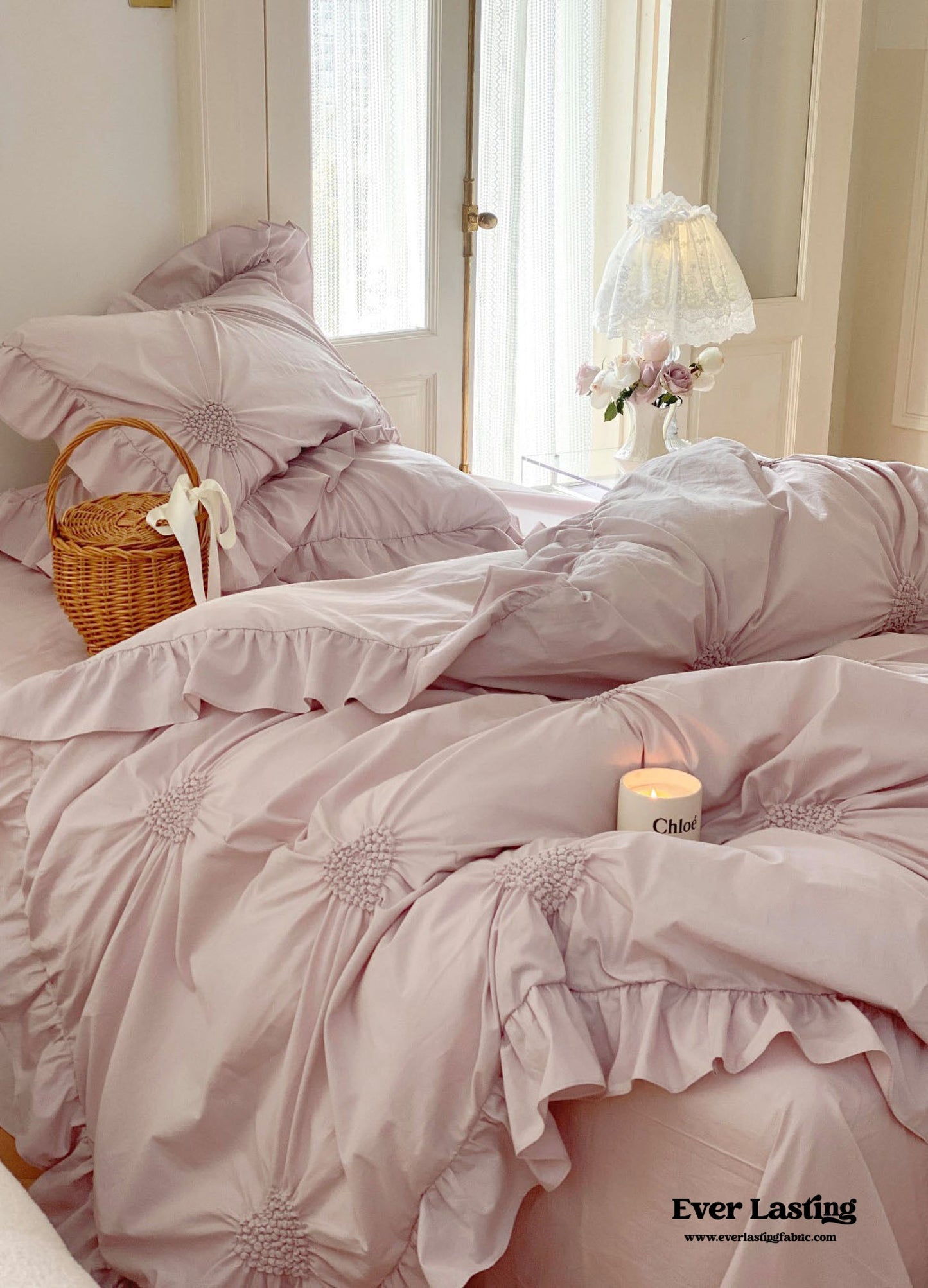 Sweet Heart Embroidered Ruffle Bedding Set / Purple