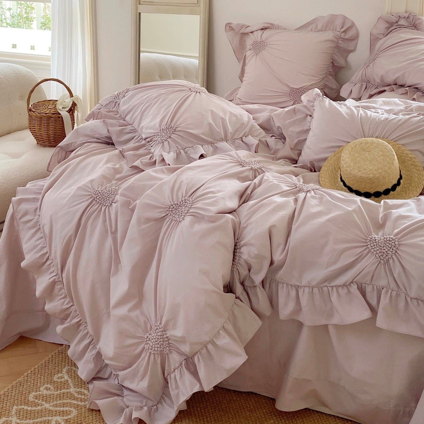 Sweet Heart Embroidered Ruffle Bedding Set / Purple