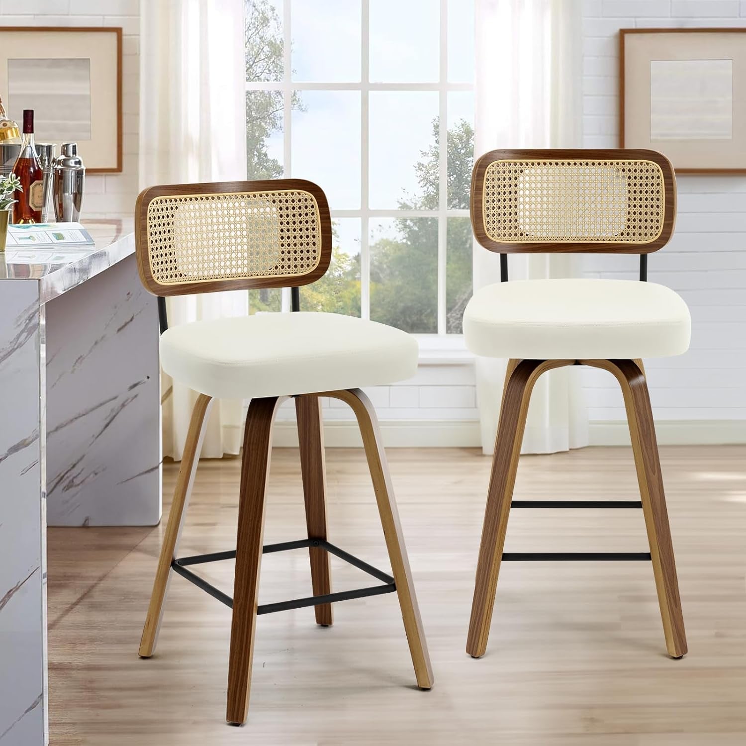 Swivel Counter Height Bar Stools Cream White Rattan Back in a modern kitchen setting with natural light.