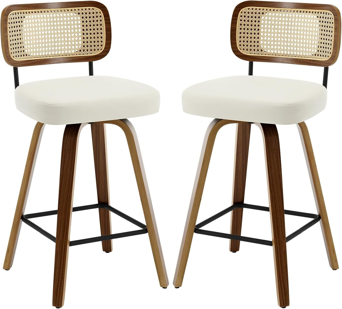 Swivel Counter Height Bar Stools Cream White Rattan Back pair with ergonomic design and wood accents.