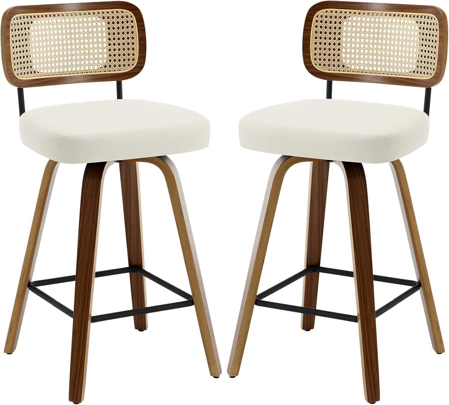 Swivel Counter Height Bar Stools Cream White Rattan Back pair with ergonomic design and wood accents.