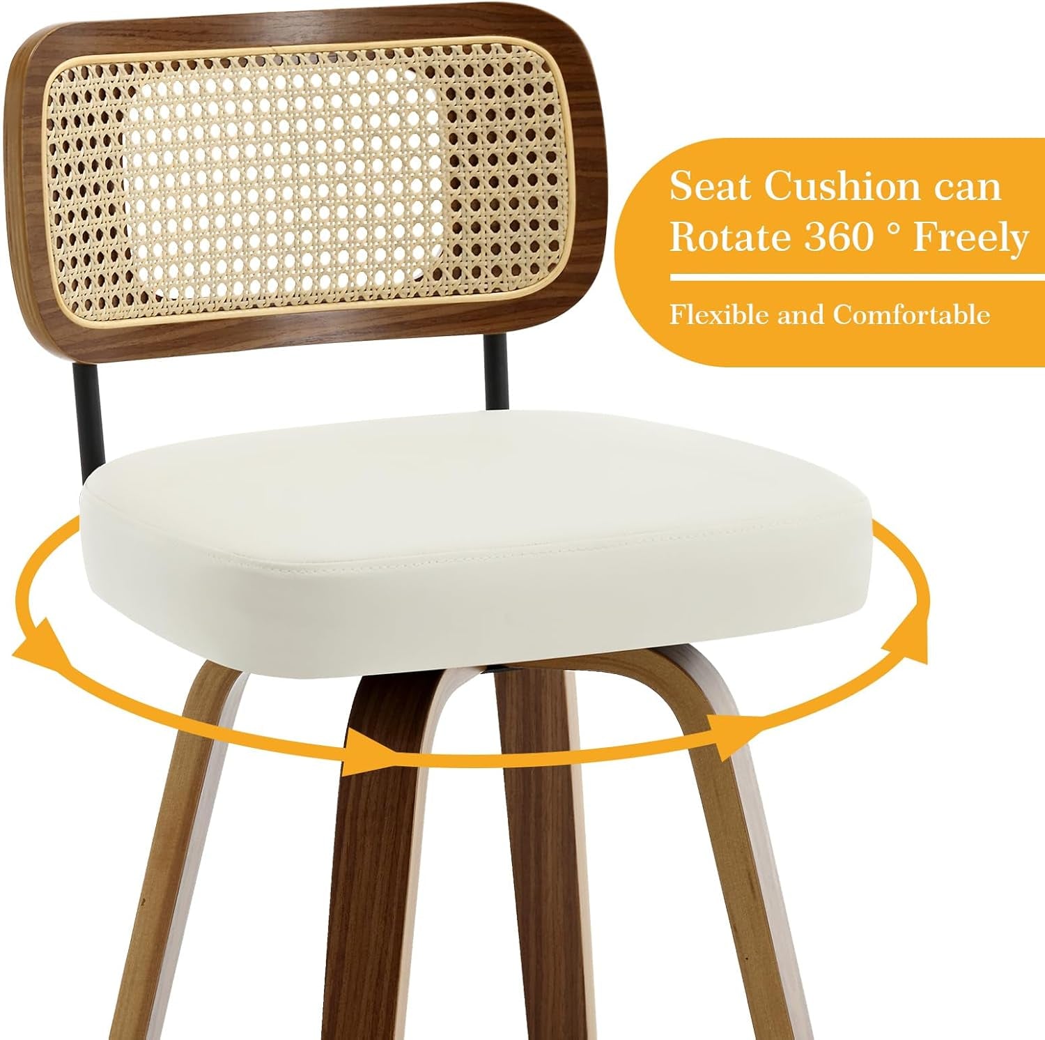 Swivel Counter Height Bar Stools Cream White Rattan Back with 360-degree rotating seat cushion for flexibility and comfort.